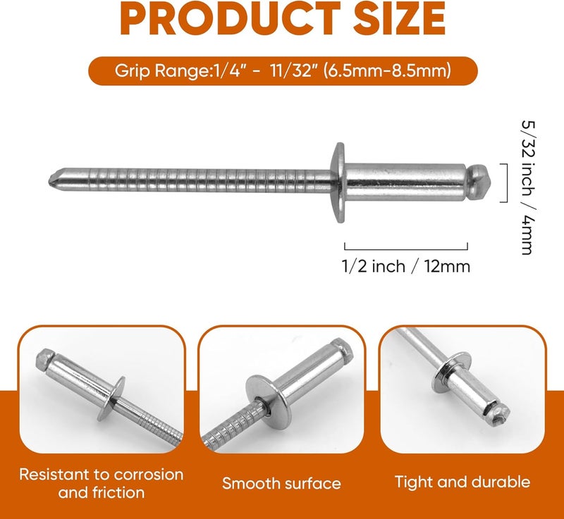 ALLCLEAN 100 Pcs 5/32" x 1/2" Stainless Steel Blind Pro Rivets,4 x 12mm Pop Rivets,Stainless Steel Grip and Stainless Steel Mandrel - Image 2
